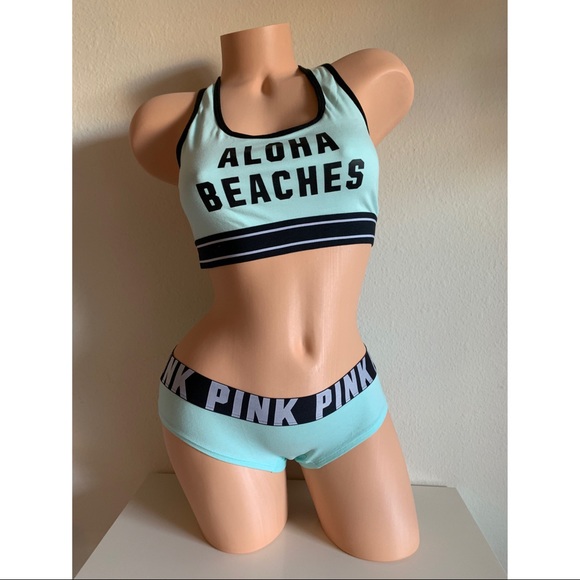 Victoria’s Secret PINK Blue ALOHA BEACHES Sports Bra Top Bralette and Panty M - Picture 1 of 5